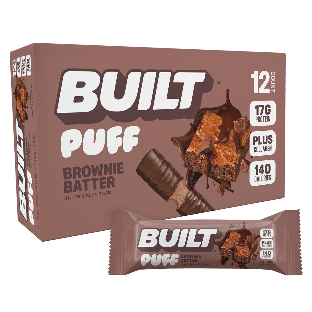 Postaven Bar, Puff Protein Bary, Brownie Batter Puff, 17g Protein Snacks, On-The- Bary, Pouze 140 kalorií, 6g cukru, kolagen, gluten zdarma, 12 Počet