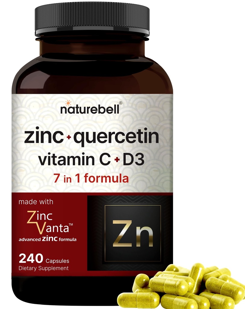 NatureBell Zinek Quercetin s vitaminem C & D3, 240 Kapsle 1 000 mg + Zinek 50 mg + Vitamin C 250 mg + Vitamin D3 5 000 IU Vitamin 12 000; 4- in-1 Advanced Immunication & Lung Support Application 124; ZincVanta Formule