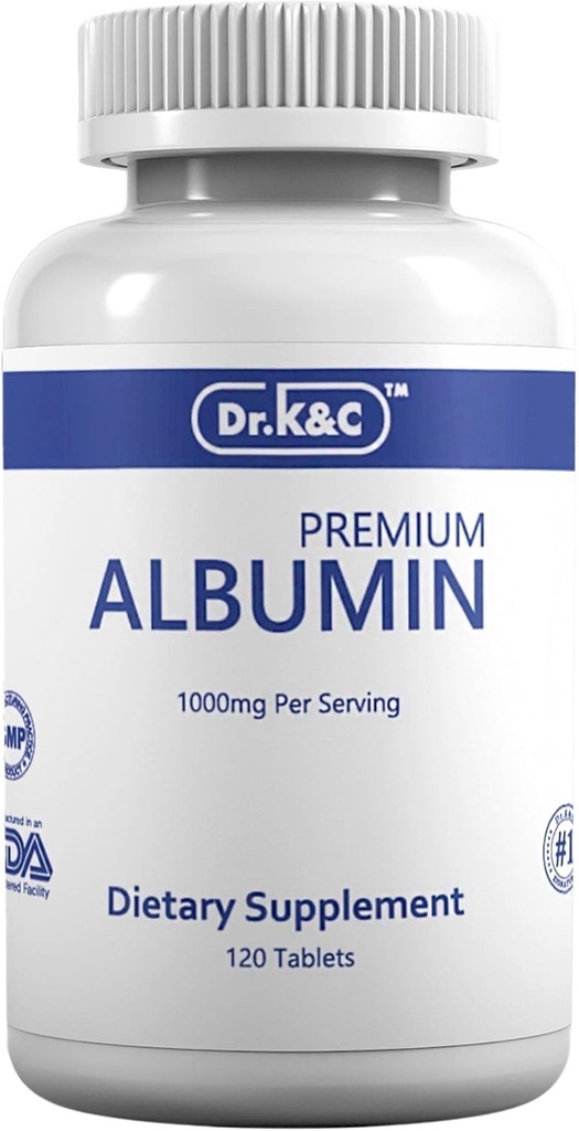 Dr. K & C Premium Albumin Protein dodatek - Extra síla 1000 mg 120 Tablety Zdravé ledviny Játra Podpora General Wellness Energy Support Life Balance 1pk