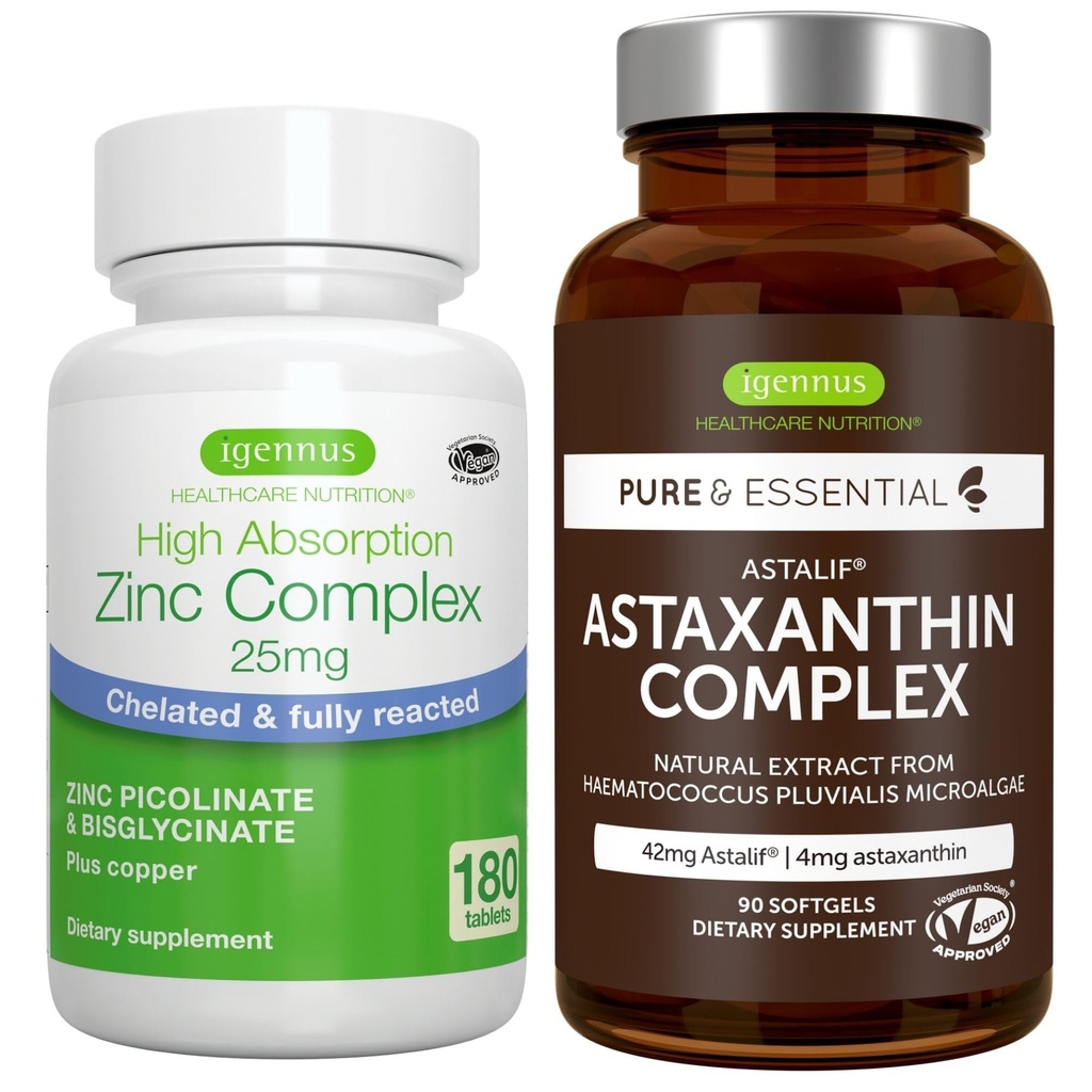 Astaxanthin Complex + Zink Complex Vegan Bundle, Antioxidant Support for Skin, Hair & Nails, by Igennus