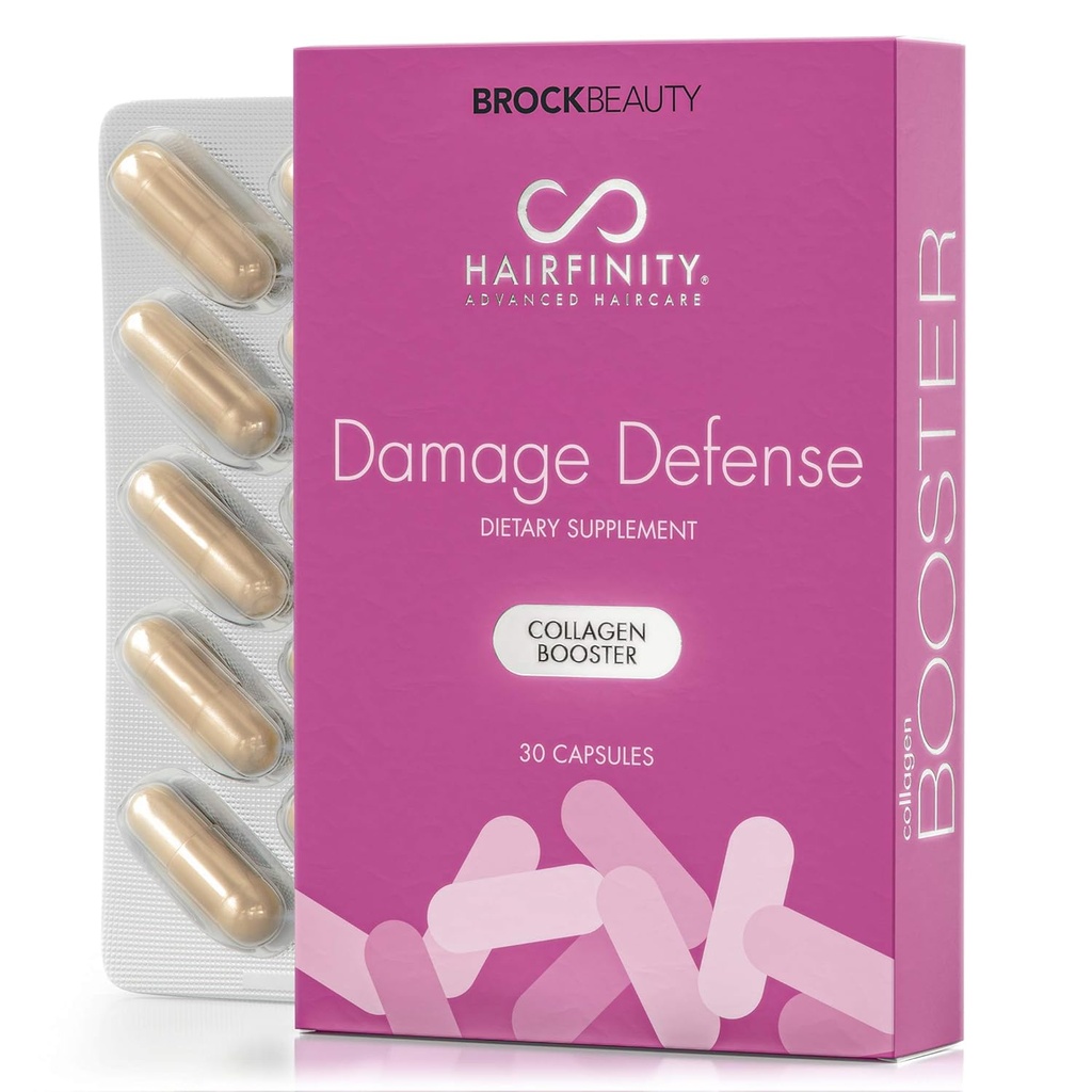 Hairfinity Damage Defense Kolagen Booster Vlasové doplňky pro slabé, křehké vlasy - Infuze kolagenu na podporu zdravého růstu vlasů - 30 kapslí (1 měsíc dodávky)