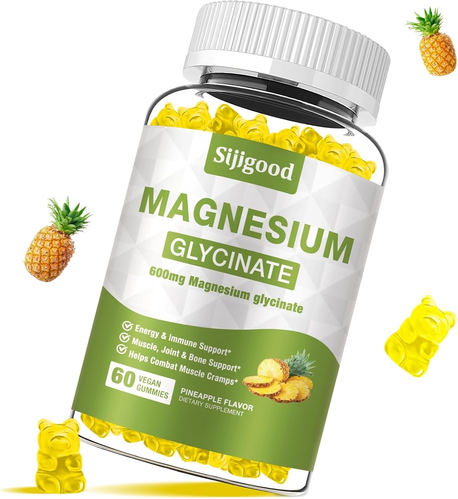 Glycinát hořečnatý Gummies 600mg, Relaxation & Zzz Supplement, Magnesium Draslík pro dospělé a děti bez cukru, Vitamin C, B6 a CoQ10 Ananas Flavor, 60 Počet
