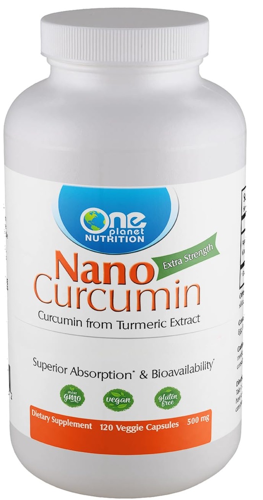 Jedna planeta Nutrition Nano Curcumin 500 mg Veggie Kapsle (120 Servings), Nano pro vysokou absorpci, podporuje imunitní zdraví, Non- GMO, Vegan, gluten- free