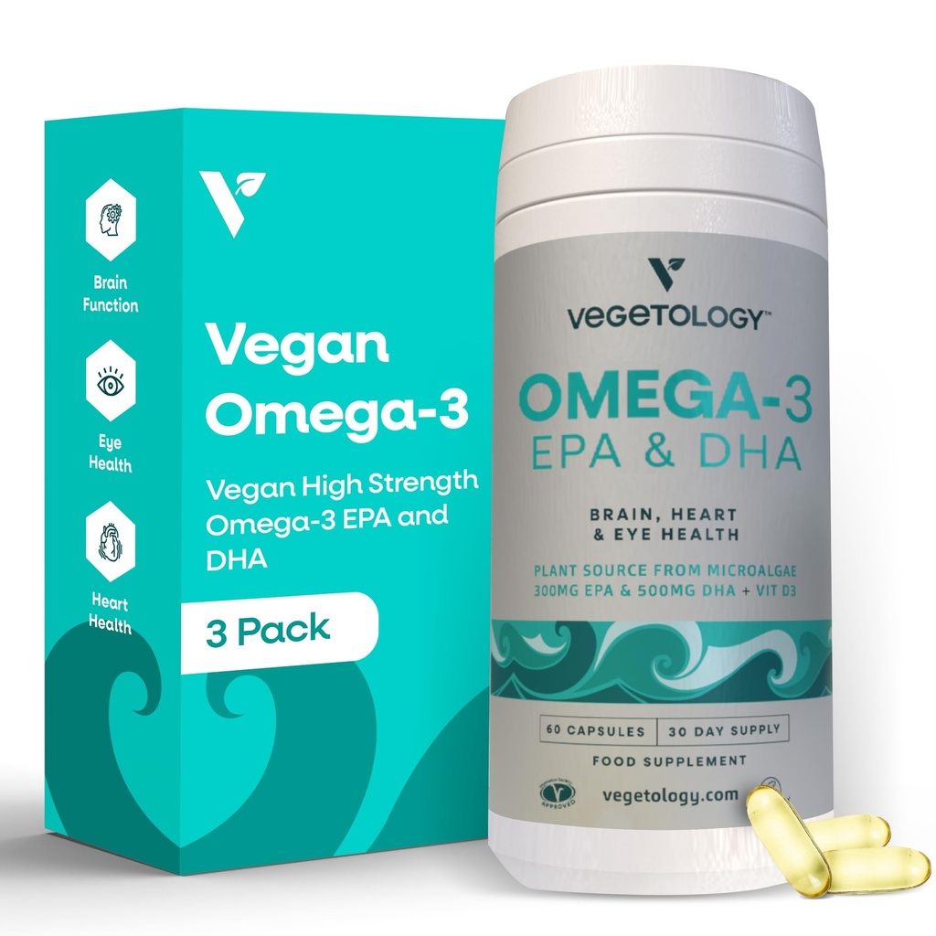 Vegan Omega 3 dodatek - EPA, DHA doplňky a vitamín D3 - Řasy Omega 3 Vegan doplňky pro mozek, oko a srdce zdraví - pro děti a dospělé (180 Kapsle)