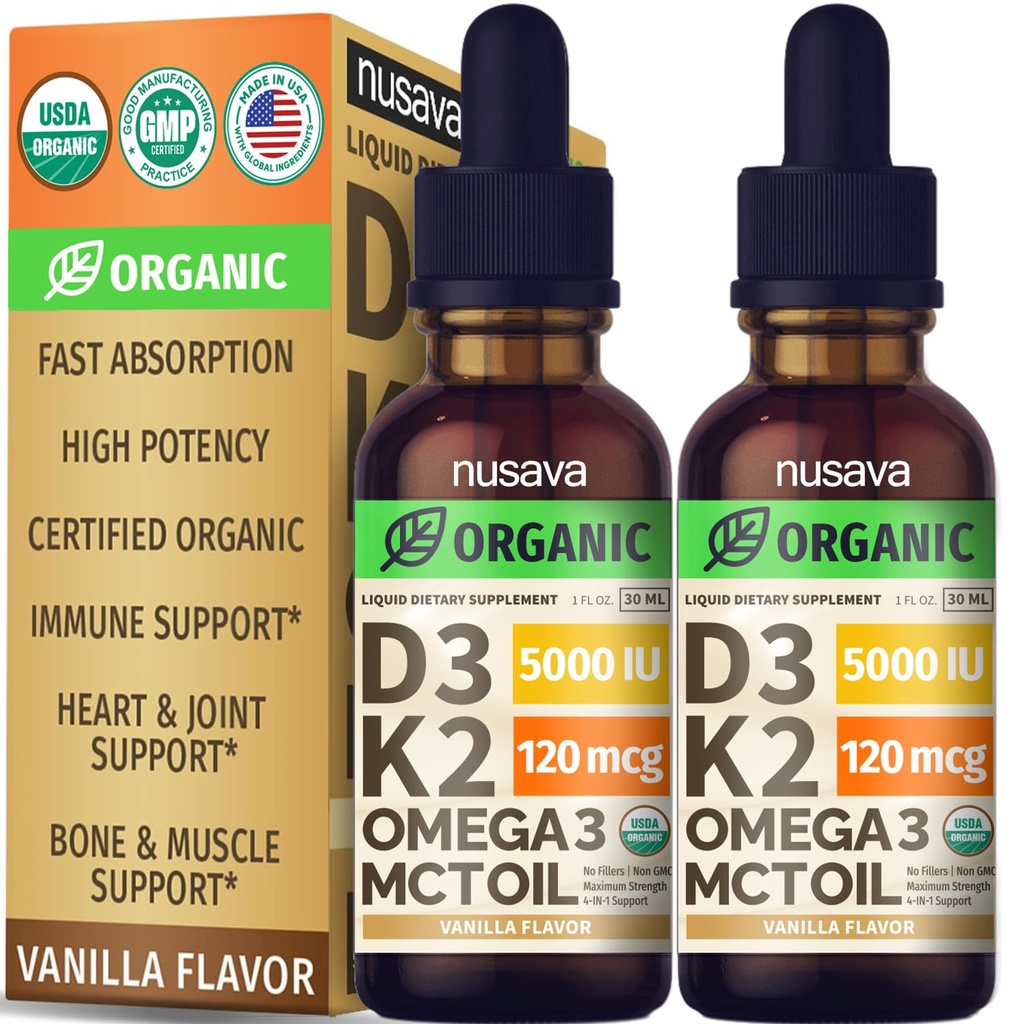 (2 Pack) Organic Vitamin D3 K2 Kapky s MCT Oil Omega 3, 5000 IU - Maximální síla Vitamin D Liquid, No Fillers, Non- GMO Liquid D3 pro rychlejší absorpci a imunitní podporu (Vanilla, 1 Fl OZ x 2)