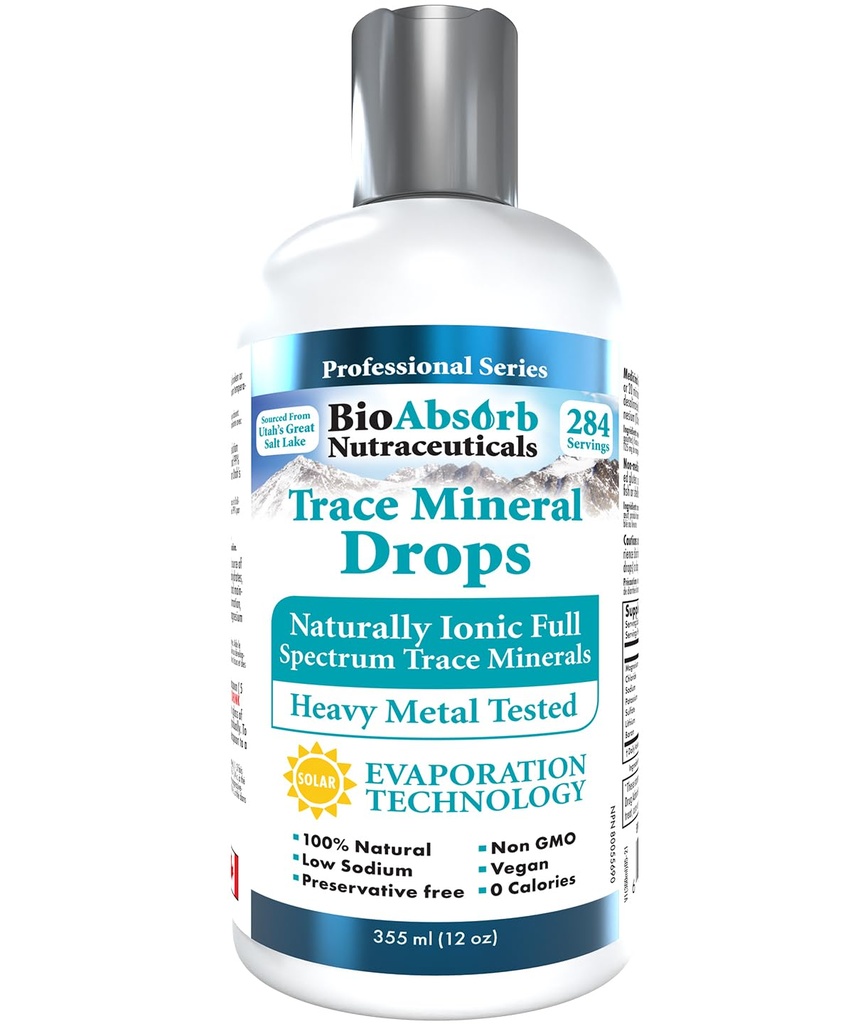 Bio Absorb Stopy Mineral Drops. Heavy Metal Tested. 284 Doručování organických stopových minerálů z koncentrované mořské vody v Utahu. 125mg iontového hořčíku (12 oz)