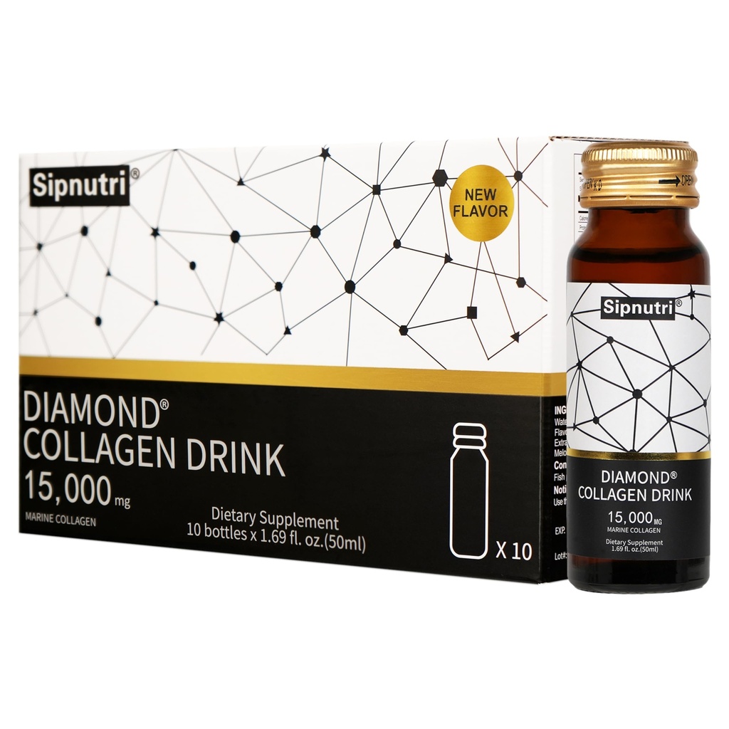Diamond Liquid Collagen Drink, 15000 mg Hydrolyzované Marine Collagen Peptidy s vitamínem C, Granátová jablka, Zdravé vlasy Kožní hřebíky Kostní spony Podpora, 50 ml x 10 Lahvičky