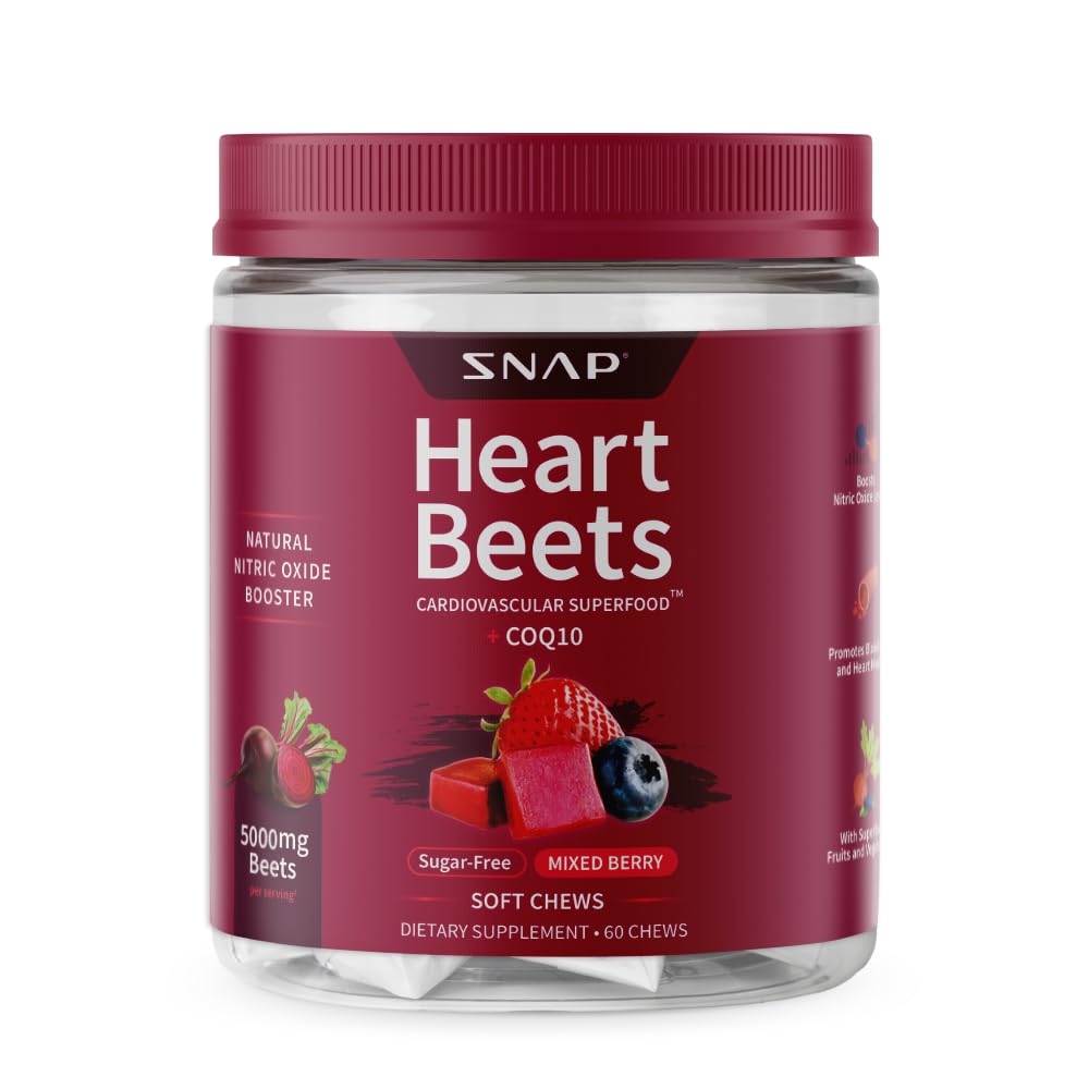 Snap doplňky Srdce Beets Organic Beet Root Měkké Chews, Kardiovaskulární podpora Dodatek pro muže a ženy, CoQ10 & Červený špenát, Srdce Zdraví a Cirkulace Podpora, Cukr zdarma, Smíšené Berry, 60 Chews