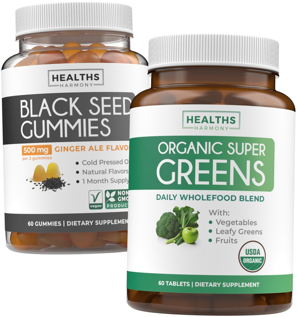 Black Seed Oil Gummies & Super Green (1-Month) - Denní Green Boost - Black Seed Oil Gummies Ginger Ale Flavor Cold-Pressed Nigella Sativa & Organic Super Greens Kompletní Super Food Dodatek