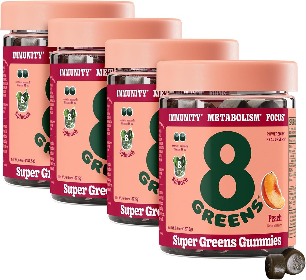 8Green Supergreens Gummies PHAR124; Super Green Powder Superfood Gummy for Metabolismus, Imunity & Focus, Digestive Health Enzymes, Organic: Chlorella, Spirulina, Aloe Vera, Peach Flavor, 200 Počet