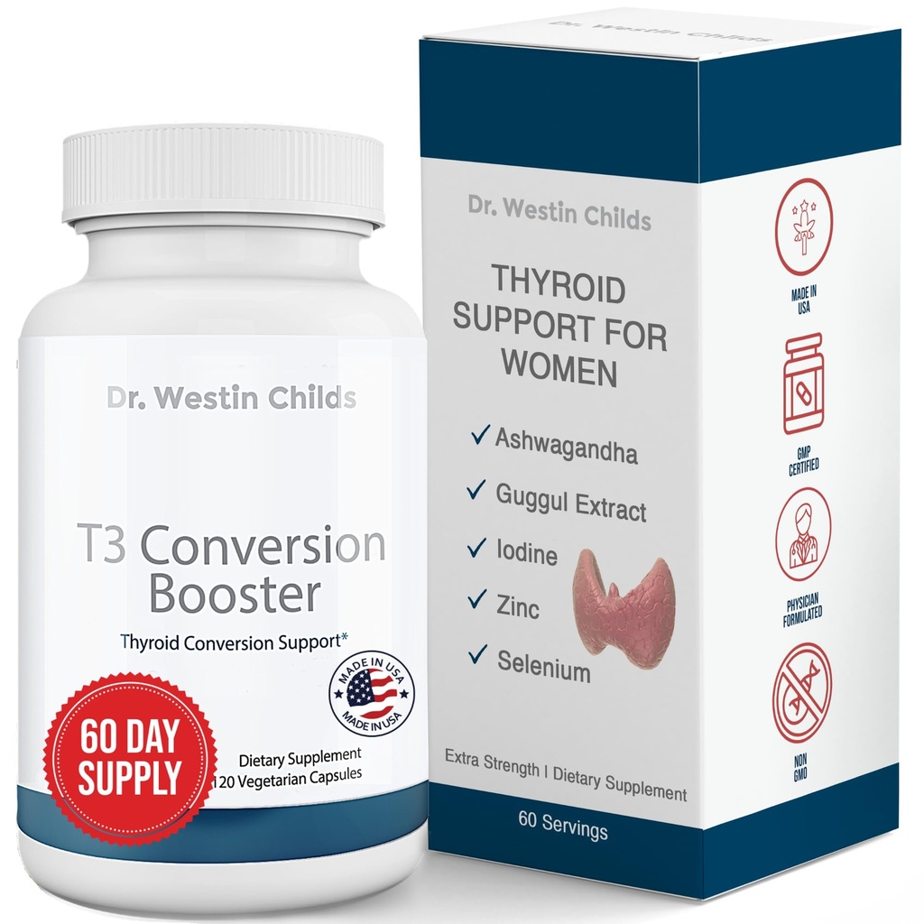 Dr. Westin Childs - T3 Conversion Booster - Podpora štítné žlázy pro ženy s hypotyreózou & Hashimoto 's - Jod, Ashwagandha, Guggul Extract, Selen & Zinek Komplex - 60 Služeb