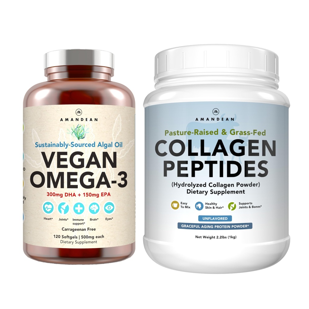 Zdravá kůže & spojky Bundle - Premium Vegan Omega33 (120 Kapsle) z mořských řas + Grass- Fed kolagen Peptides Powder (1kg - 100 Servings) Non- GMO. Radiantní kůže, spony, kosti a půvabné stárnutí