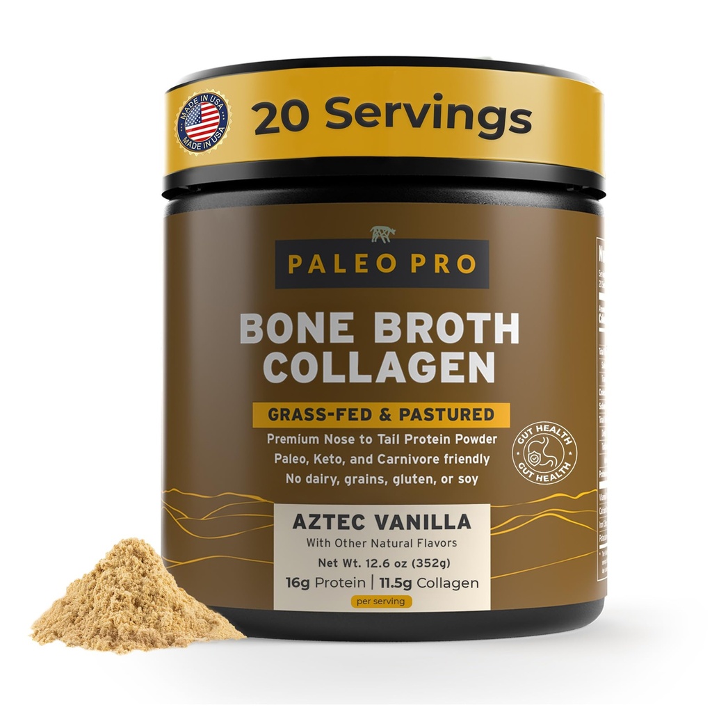 PaleoPro Bone Broth Kolagen Protein Powder - Turmeric Root Grass- Fed Kolagen Powder for Skin & Bones - Gluten Free, No Sugar, Soy, Grains, Net Carbs - Paleo Keto Friendly 20 Servings Aztec Vanilla