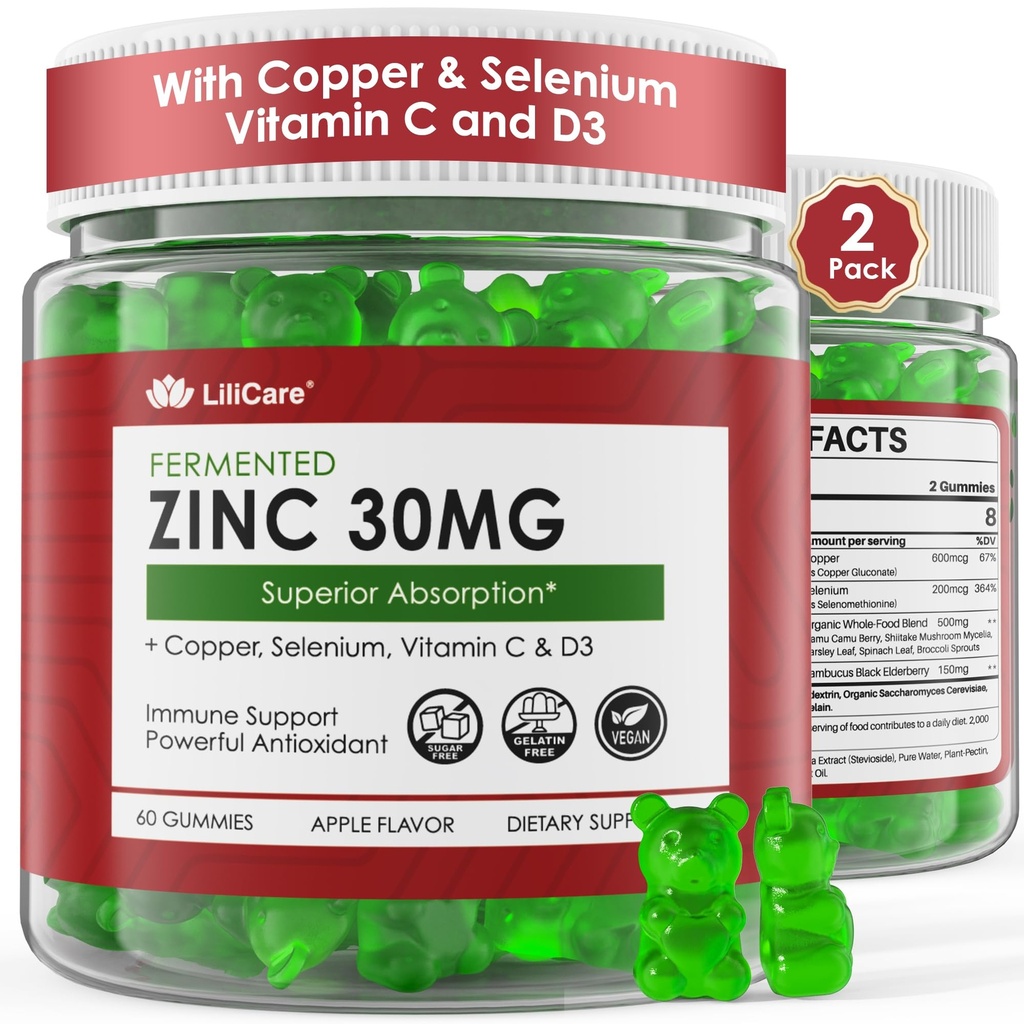 Zinkové gumy + Měď, Selen, Vitamin C & D3, Fermentované zinkové doplňky pro ženy a muže s bezinky pro denní imunitní podporu, Výkonný antioxidant, Vysoká absorpce, Vegan, Cukr zdarma, 2 Pack