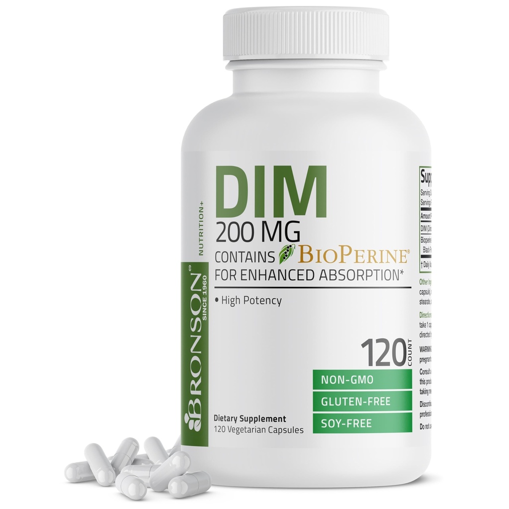 Bronson DIM dodatek 200 MG Diindolymethan s BioPerine pro zlepšení absorpce, Estrogen Metabolismus & Udržuje vyrovnané hormonální hladiny, 120 Vegetariánské kapsle