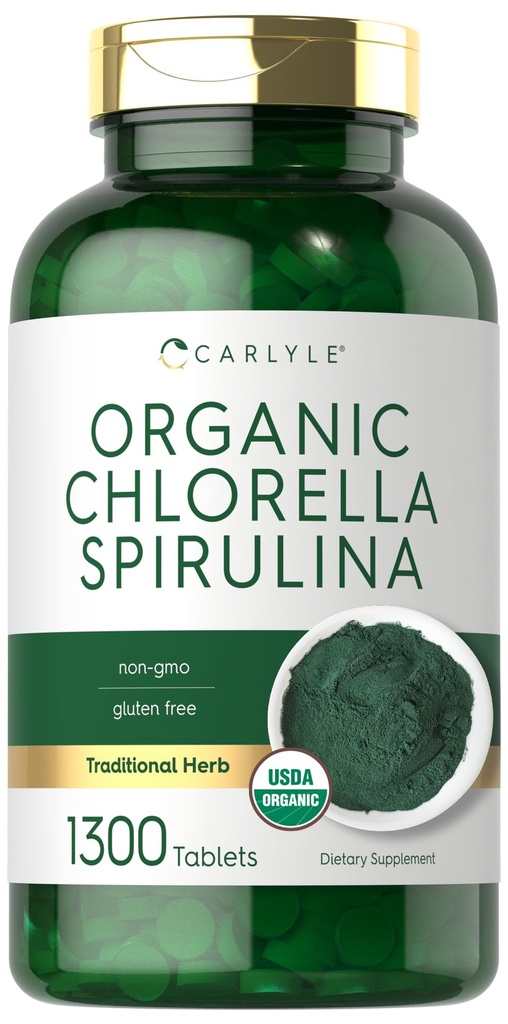 Carlyle Organic Chlorella Spirulina tablety 124; 1300 Počet 124; 50 / 50 Blend 124; Non- GMO a gluten zdarma
