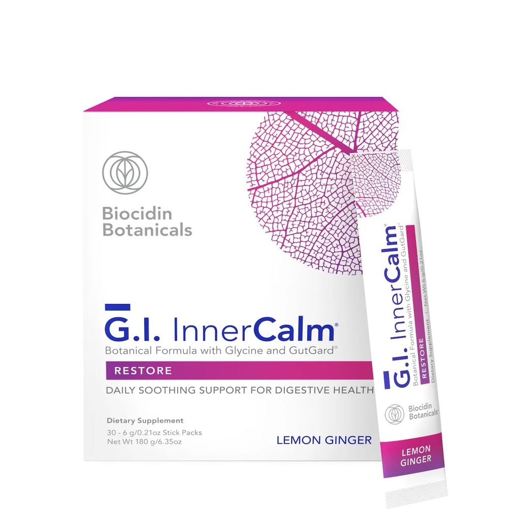 Bio- botanický výzkum Biocidin Drink Mix - GI InnerCalm - Podpora trávicího zdraví, GI Detox, Zdravé nálada & smysl pro relaxaci - Soothing Formule s Glycine & No Glutamin (30 Stick Packs)