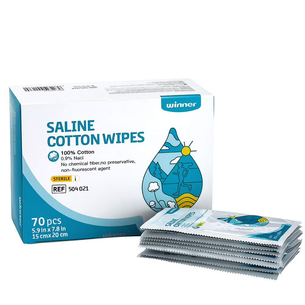 Vítěz Sterilní Saline Wipes, 6 "x 8" Velké Wipes osobní péče, Gentle Saline Pads pro piercing, Multi- Účel citlivých očí a obličeje, jednotlivě zabalené, 70 Počet