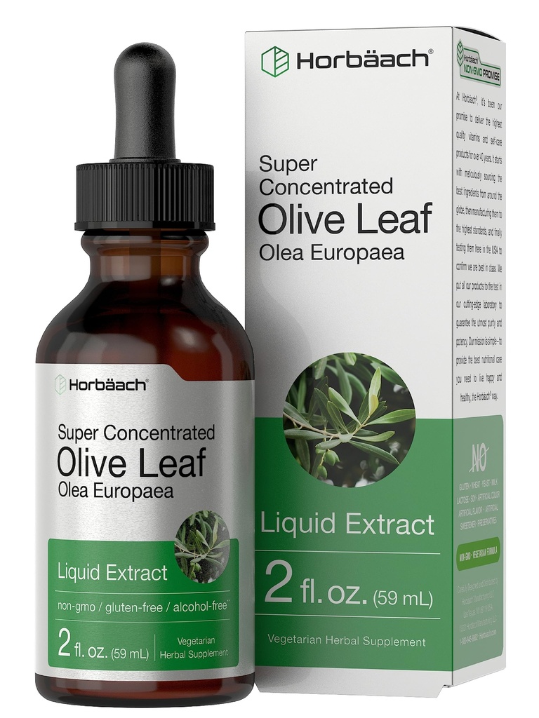 Horbäach Olive Leaf Extract Liquid OF 124; 2 fl oz OZ 124; Super Strength OF 124; Alkohol Free, Vegetarian, Non- GMO, gluten Free