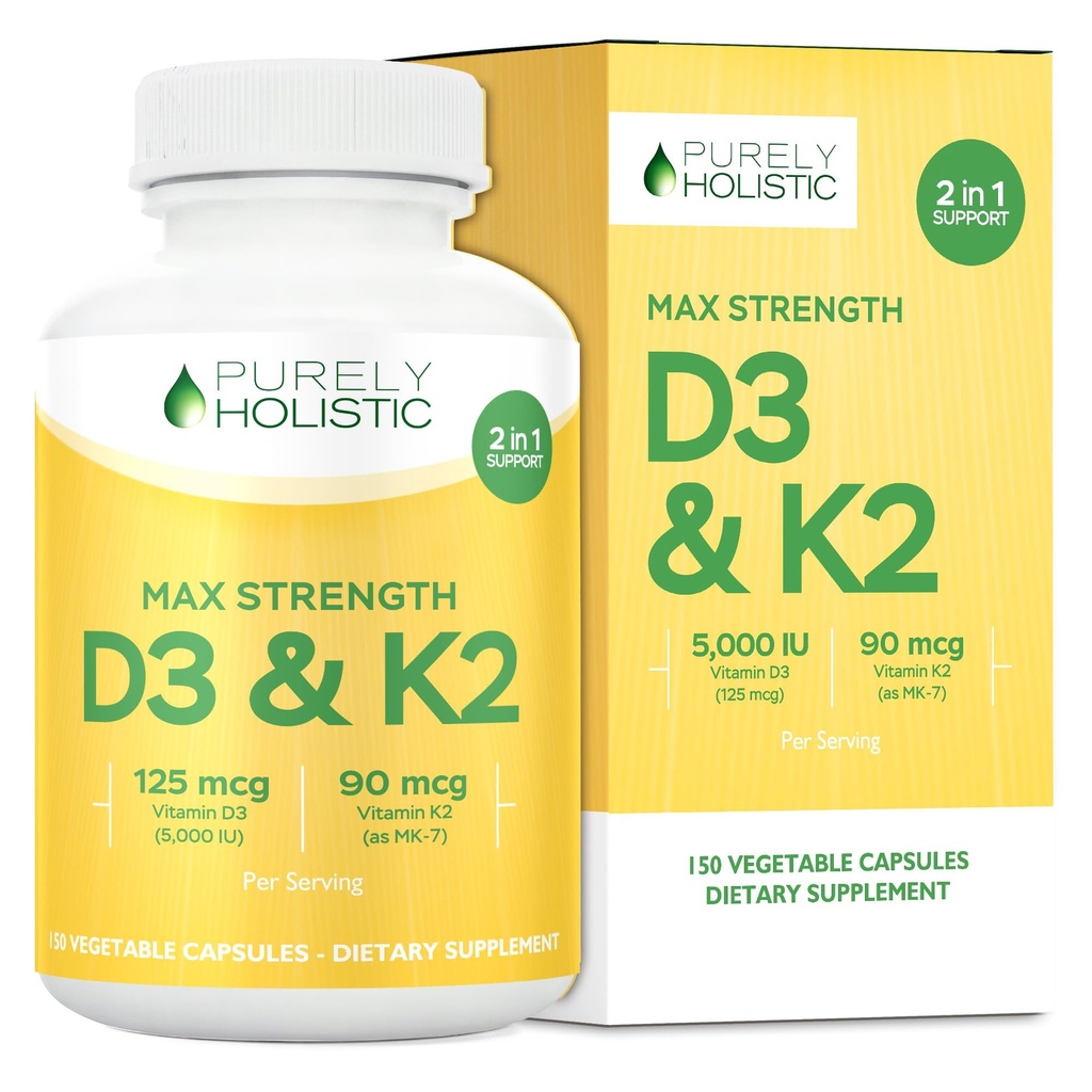 Čistě holistický vitamin D3 125mcg a vitamin K2 90mcg MK7-4 Měsíční zásoba 150 Vegetariánských kapslí - Vitamin D3 & K2 Menaqunione - Vysoká síla Cholecalciferol vyrobený v USA
