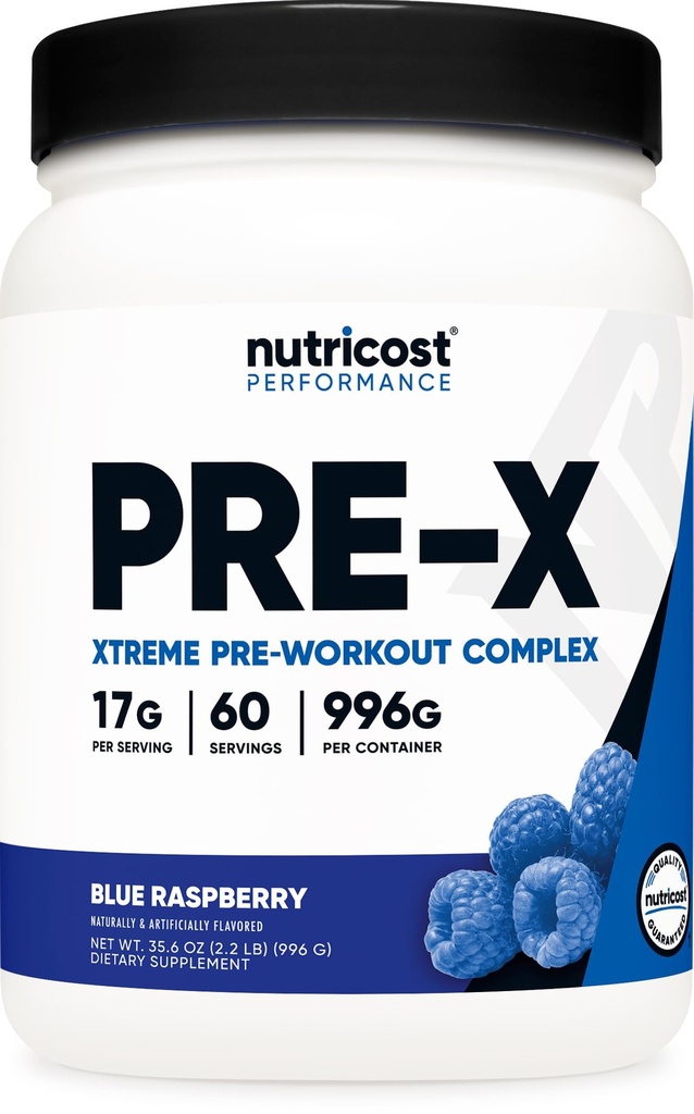 Nutricost Pre- X Xtreme Pre- Cvičení Complex Powder, Blue Raspberry, 60 Servings, Vegetarian, Non- GMO a gluten zdarma