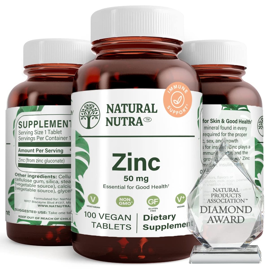 Natural Nutra zink Gluconate 50mg dodatek pro imunitní podporu, podporuje zdraví pokožky, poskytuje Ease From Flu & Cold, Boost Learning & Paměť, Vylepšení chuť a vůně, Gluten zdarma 50mg 100 Vegan tablety