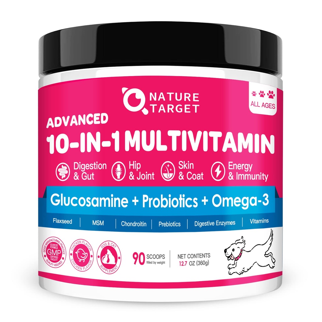 NATURE TARGET Psi Vitamíny Powder, Probiotika a trávicí enzymy pro Gut Health, Glucosamine & Chondroitin & Omega 3, Kompletní dodatek pro domácí psí potraviny, kloubní & kůže a imunitní podpora