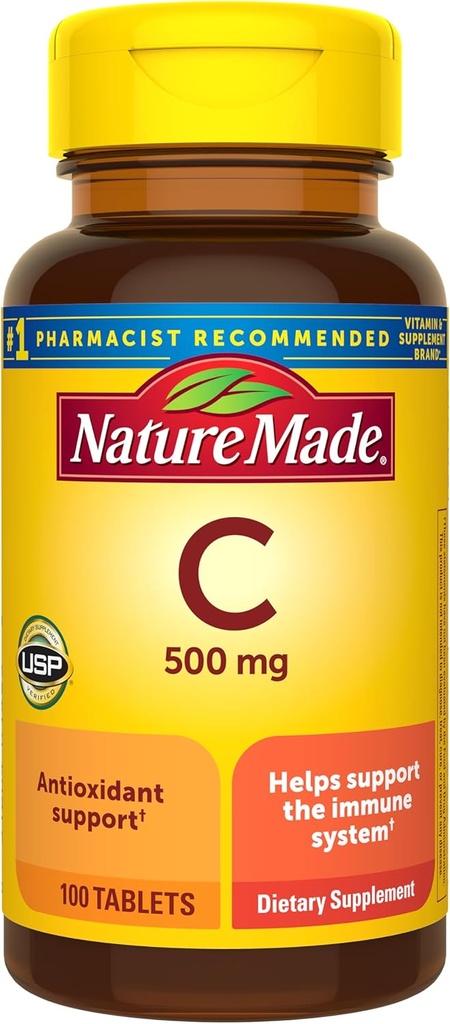 Nature Made Vitamin C 500 mg Kaplety, 100 Počet, pro imunitní podporu, Gluten zdarma