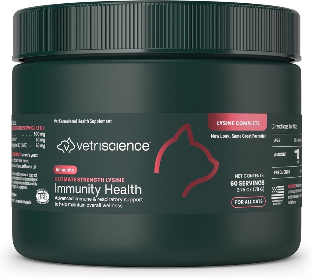 VetriScience Ultimate Strength Lysin Imunity Health Powder for Cats & Koťata, dodatek pro alergie & Nasal Support, Nosní a vodnaté oči, kuřecí a sýrové ochucení, 60 Počet -Nový vzhled