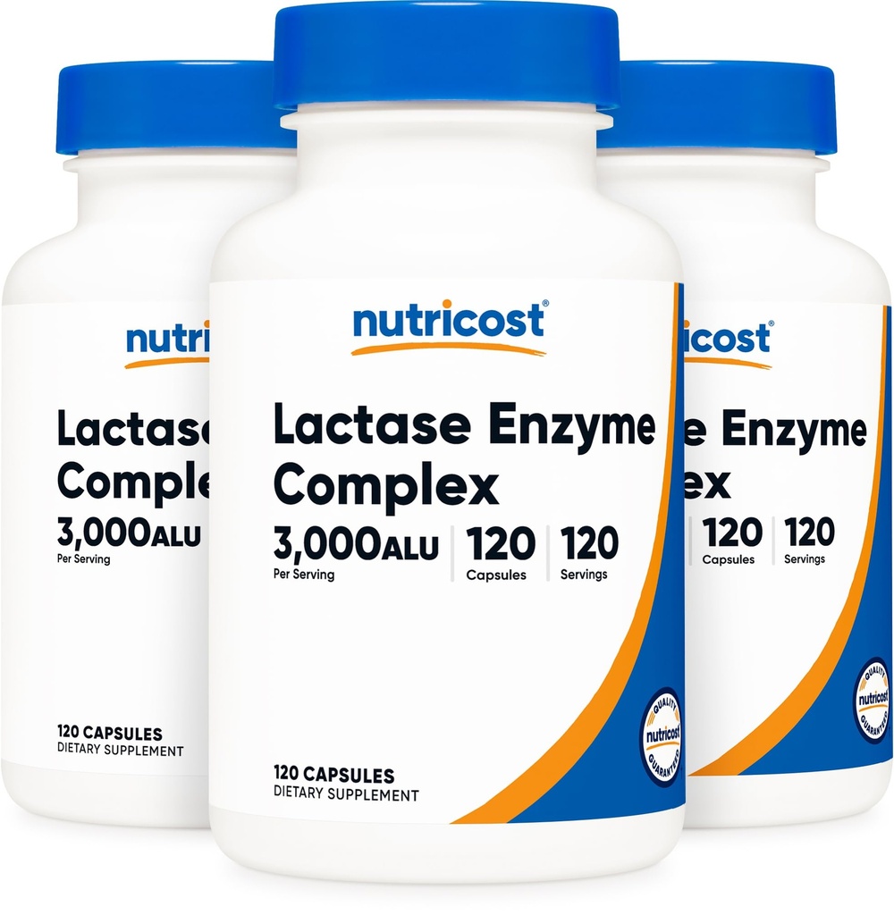 Nutricost Lactase Enzyme Complex 3000 FCC ALU, 120 Veggie Kapsle - Non- GMO, Gluten Free, 120 Servings (3 láhve)