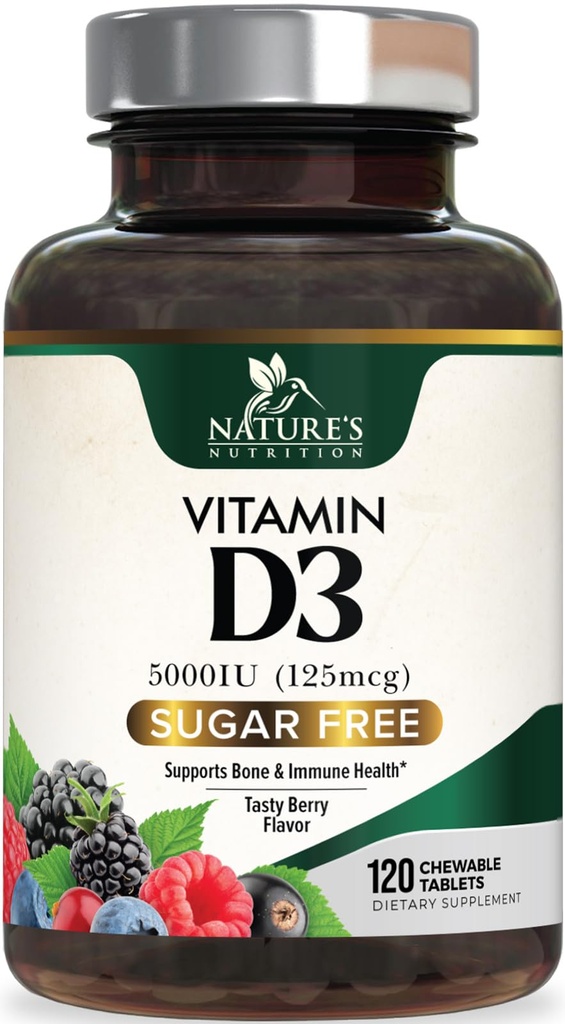 Vitamin D3 5000 IU (125 mcg) Příroda Extra Strength Vitamin D dodatek Žvýkací materiál pro imunitní podporu zdraví - Kost, zuby a svalové doplňky - Cukr zdarma, Non- GMO, Gluten zdarma - 120 Count Tablety