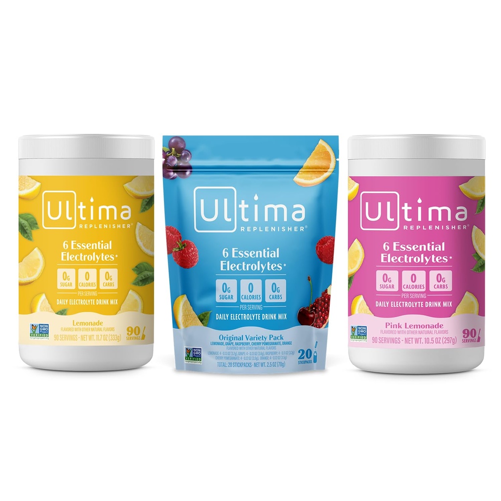 Ultima doplňovač Electrolyte Powder Drink Mix Bundle - Cukr zdarma - Lemonade, Pink Lemonade, Variety-90 Servings, 20 Stickpacks- 6 Electrolytes a minerály - Keto Friendly, Vegan, Non- GMO