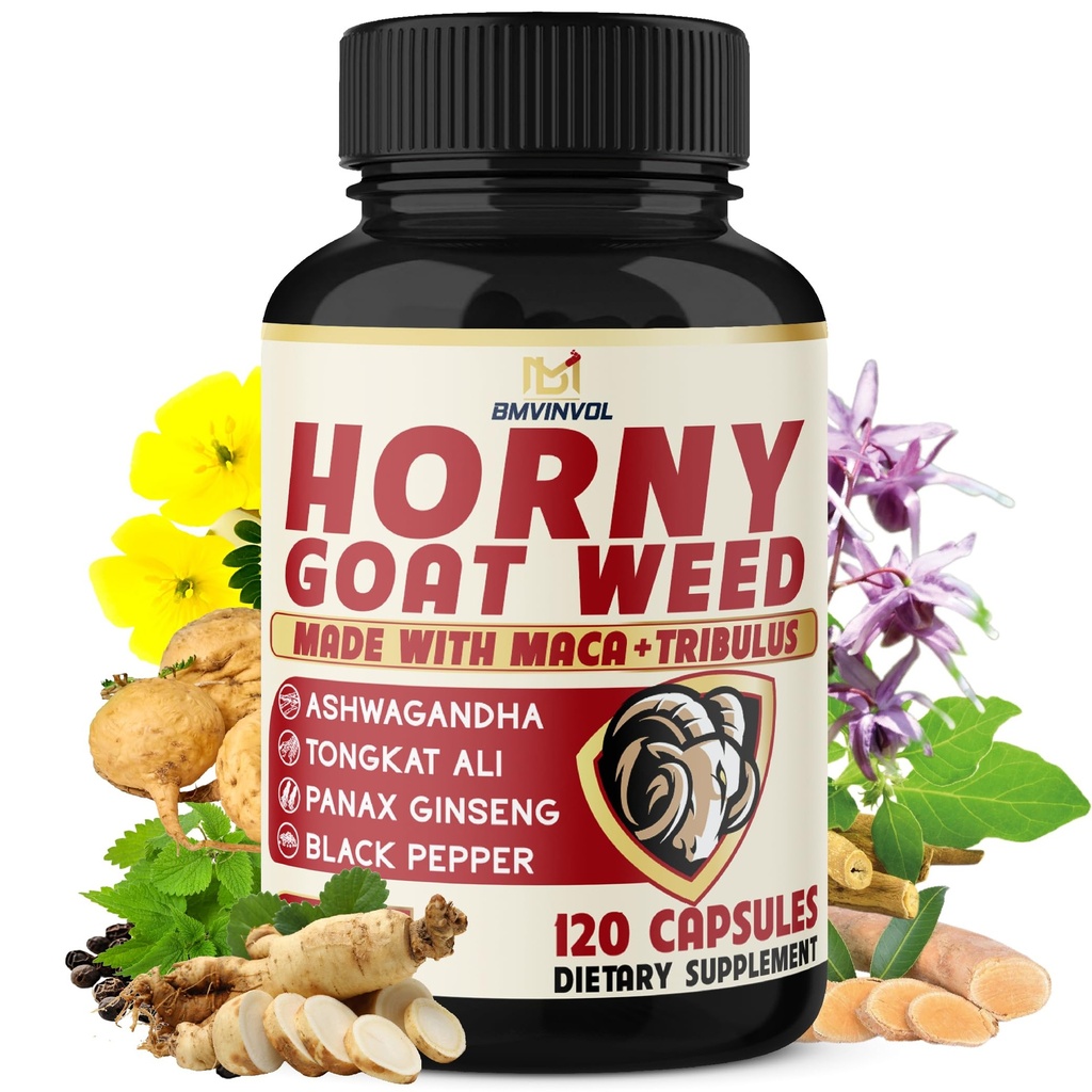 BMVINVOL Horny Goat Weed pro muže a ženy s Maca, Tribulus, Ginseng, Ashwagandha, Tongkat Ali - 120 Kapsle pro 4 měsíce dodávky