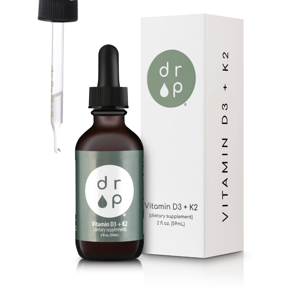 Vitamin D3 + K2 Kapky s 1000 IU Plant Based D3 a 45 mcg K2, 2 oz Liquid Supplement for Bone Strength, Vylepšená nálada - Žádné umělé konzervativy, Neochucené, s kokosem MCT Oil