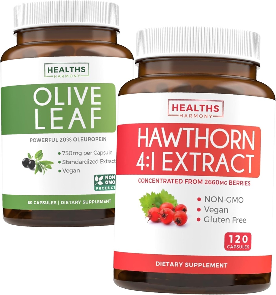 Bundle Olive Leaf Extract & Hawthorn Berry Extarct - Zdravé bylinky Bundle - Olive Leaf Extract s 20% Oleuropein & Hawthorn Berry 4: 1 Extract - Koncentrovaný z 2660mg čerstvých bobulí (120 Caps)