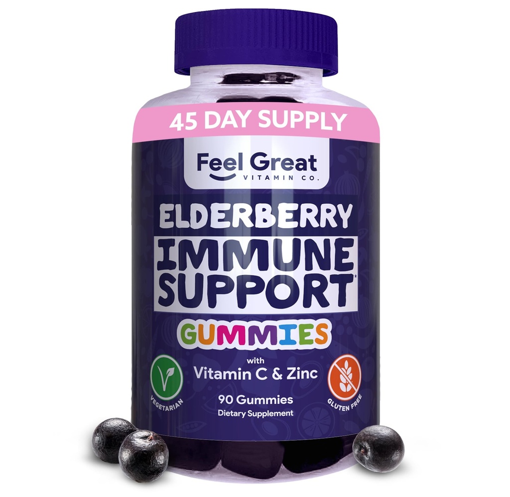 Feel Great Sambucus Elderberry Gummies se zinkem a vitaminem C pro dospělé 124; Imunitní podpora Booster 124; Berry ochucený vegan dodatek 124; 90 denní dodávky