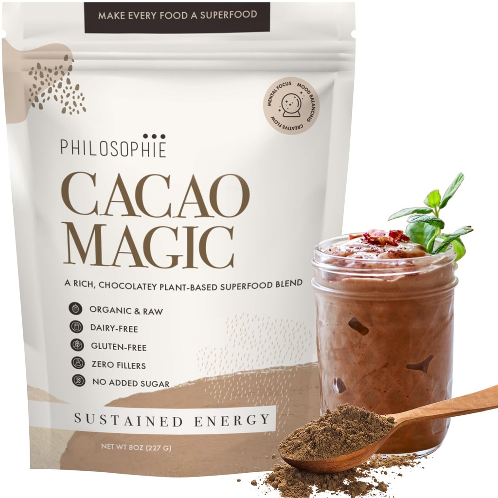 Philosophie Organic Cacao Magic Superfood Blend - Plant- Based Protein Powder with Raw Cacao, Reishi Houba & Maca Root - Neslazený Vegan Chocolate Supplement, 32 Servings