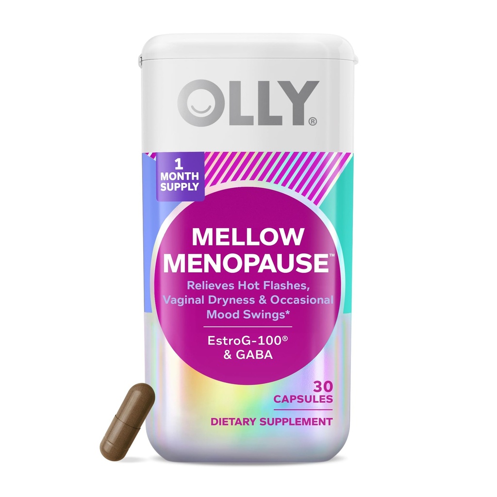 OLLY Mellow Menopauza Doplňky pro ženy, Podporuje Hot Flashs, Vaginální suchost & Okusní Mood Swings, * Estro- G100 ®, GABA, Veganské kapsle, 1 měsíc dodávky - 30 Počet