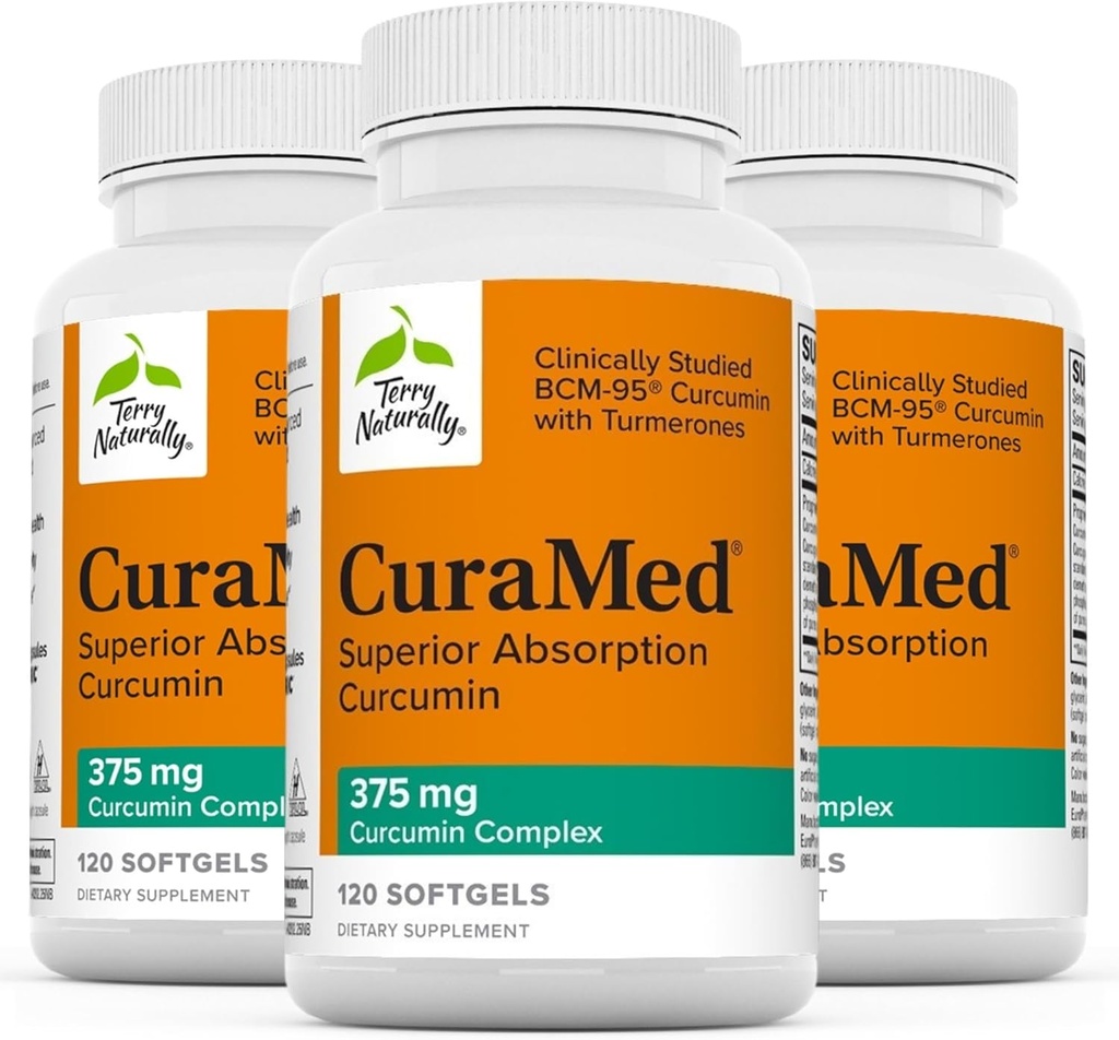 Terry Přirozeně CuraMed 375mg - Antioxidant Supplement for Brain & Imunity Health Support - Dietní dodatek s kurkuminovým a kurkuminovým esenciálním olejem - Herbal Játra Support - 120 Softgels (balení po 3)