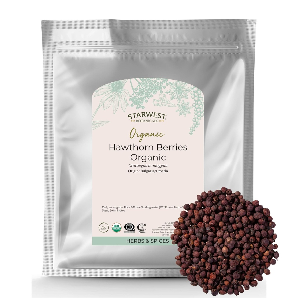 Starwest Botanicals Organic Hawthorn Berries Whole - Sušený Loose Leaf Herb for Tea, Jam, & Bylinné extracts, Natural Digestion Support, Certified Kosher, Non- GMO - Bulk 1 LB Bag