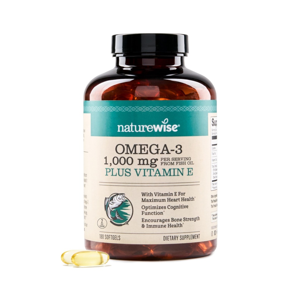 NatureWise Extra- Strength Omega 3 Fish Oil Supplement - 1000mg per Serving - 600 EPA & 400 DHA and Vitamin E - Podpora pro zdraví srdce a mozku - Lemon Flavor, GMO-Free - 180 Softgels [3-Month Supply]