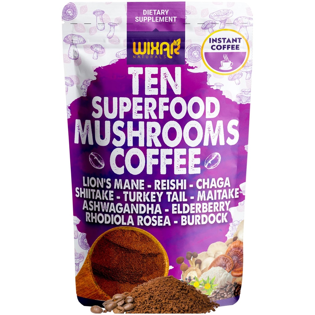 WIXAR Superfood Houba Coffee - Instant Coffee Powder, Ten Superfood Extracts with Lion 's Mane, Turkey Tail, Reishi, Chaga, Shiitake, Ashwagandha, Rhoddiola Rosea, Elderberry, 5oz Houbový dodatek