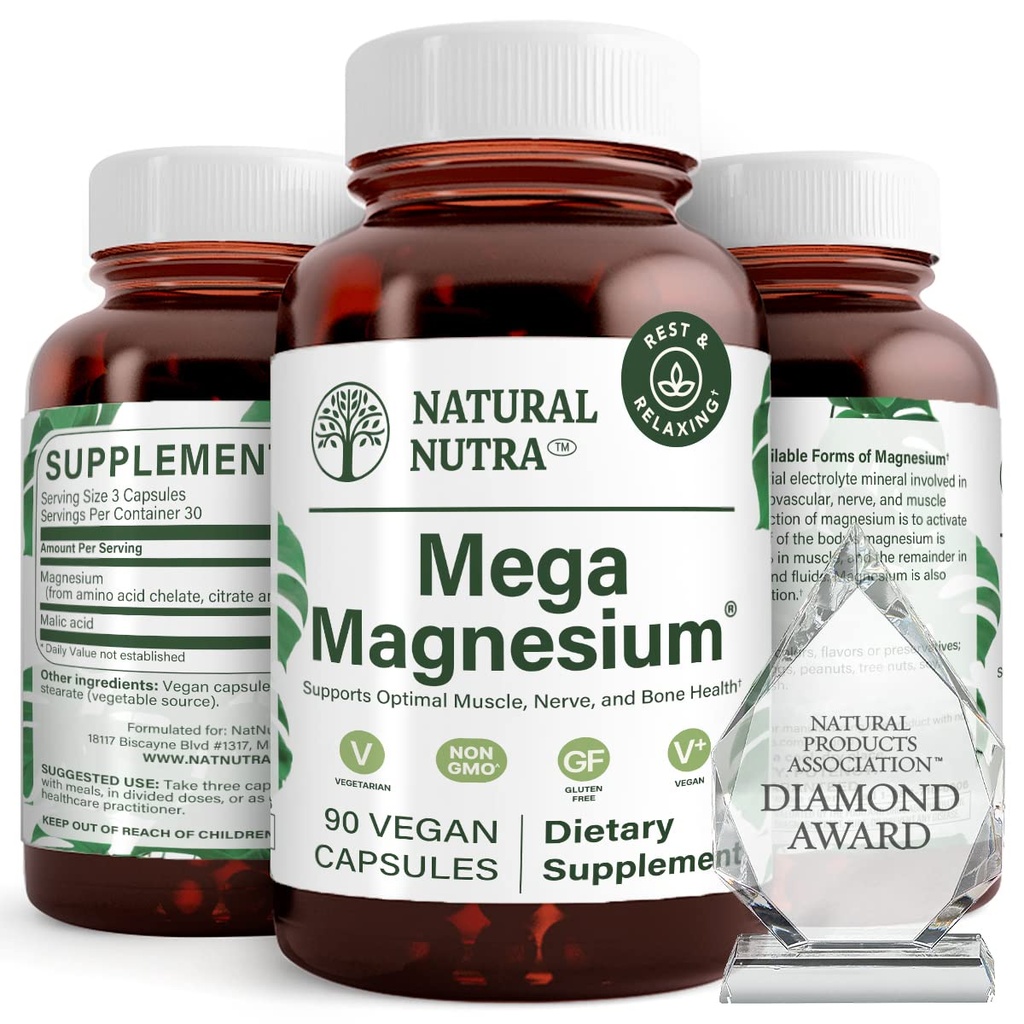 Natural Nutra Mega Magnesium 400mg dodatek - Vysoká absorpce Aminová kyselina Chelate, Lepší Vibes, Citrát, Malátová směs pro růst svalů, Síla kostí, Zdraví srdce, Nerve Podpora - 90 Kapsle