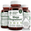 Natural Nutra Mega Magnesium 400mg dodatek - Vysoká absorpce Aminová kyselina Chelate, Lepší Vibes, Citrát, Malátová směs pro růst svalů, Síla kostí, Zdraví srdce, Nerve Podpora - 90 Kapsle