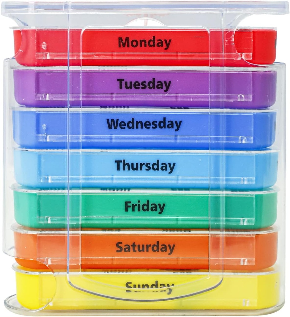 Týdenní Pořadatel pilulek pro 1 den 4 Times Supply, KIGI 7 dní Stackable Pill Dipenser Vitamíny Kontejnery (Rainbow)