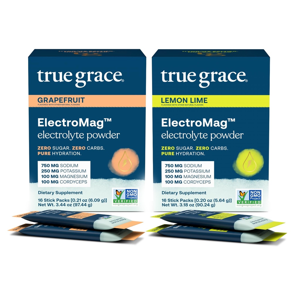 True Grace ElectroMag - Grapefruity (16 Stick Packs) + Lemon Lime (16 Stick Packs) - Electrolyte Powder for Rapid Hydration - Nulový cukr & sacharidy - Non- GMO - 32 Total Servings