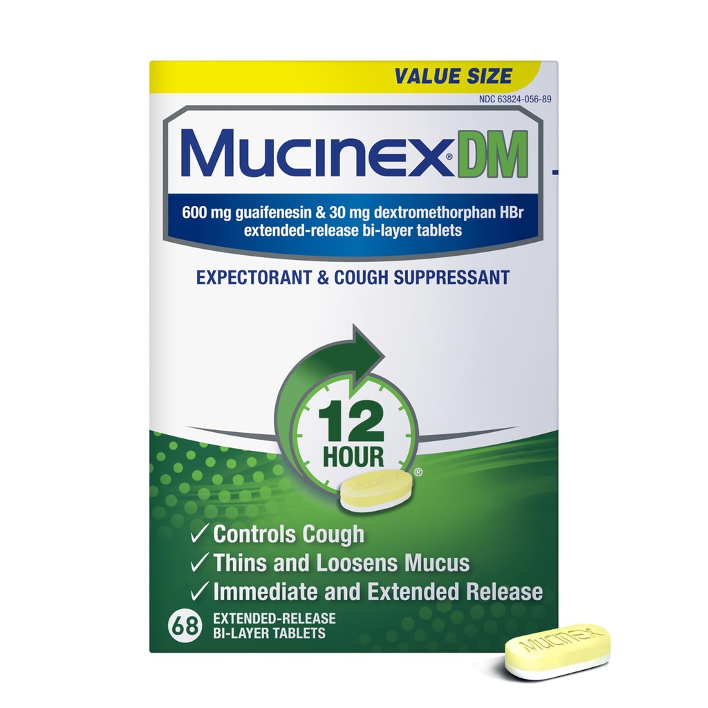 Mucinex DM 12Hr Chest Congestion & Cough Medicine pro dospělé, Cold And Cough Medicine for Excess Mucus Relief, 600 mg Guaifenesin & 30 mg Dextromethorphan HBr, 68 Bi- Layer tablety