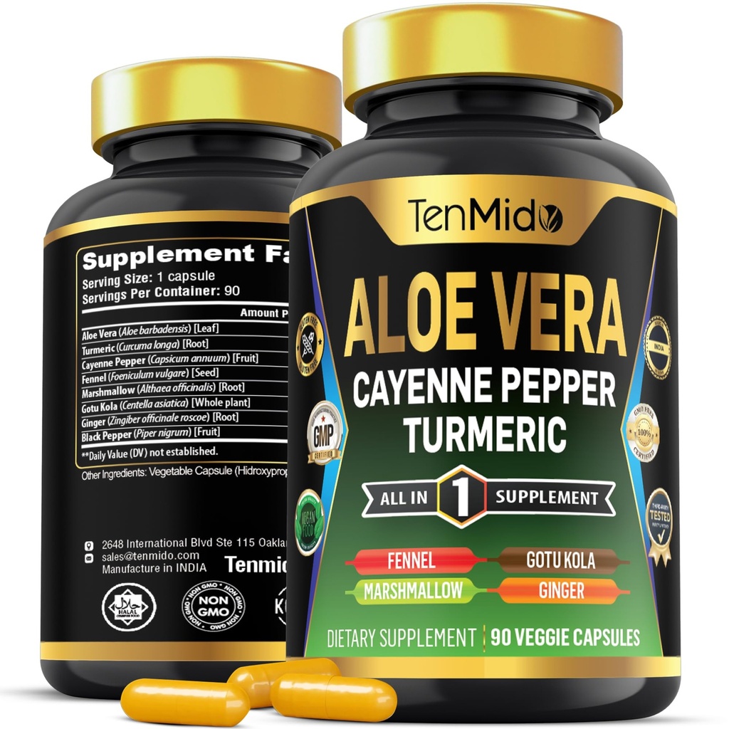 Aloe Vera Kapsle Dodatek - 8in1 Formule - Kombinace s kurkumou, Cayenne Pepper, Marshmallow, Fennel, Gotu Kola, Ginger, a Black Pepper - 90 Kapsle pro 3 měsíce dodávky