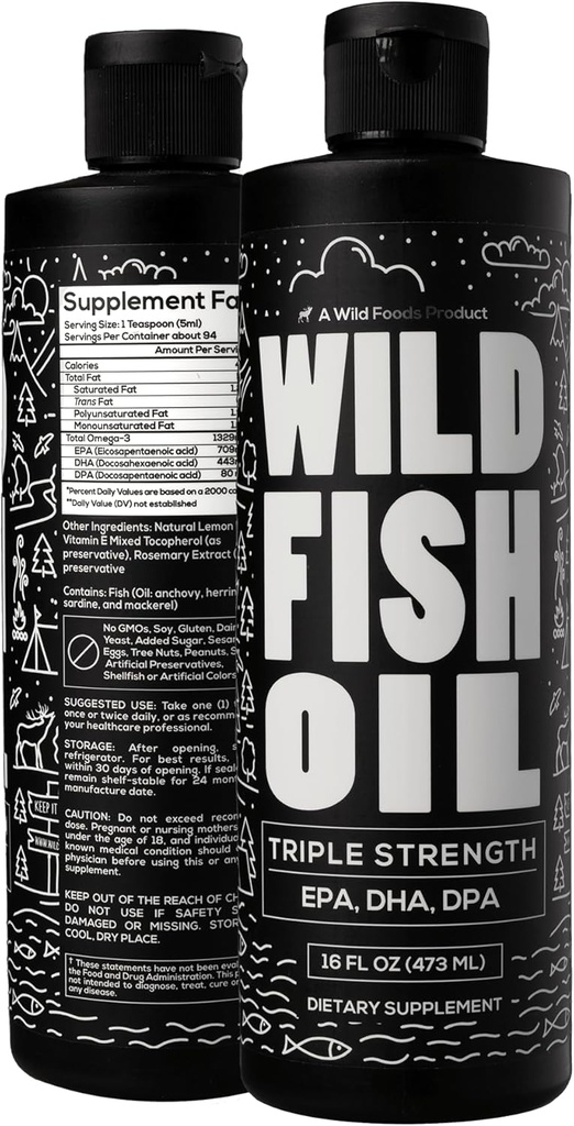 Wild Foods Liquid Omega 3 Rybí olej dodatek, Lemon, 16 oz (2 pk) catch124; Wild Catched, Burless, Odorless, Non-GMO, gluten Free Cutch124; DPA, DHA, EPA Triple Strength Omega-3 Nutrition for Women & Men