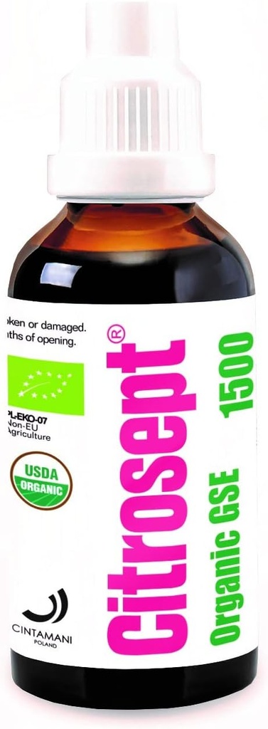 Citrosept Organic GSE, Extrakční proces vyšší kvality pro čistotu 124; Max síla 124; Original Grapefruit Seed Extract Liquid with Antioxidant Properties PHAR124; Imunity System Support PHAR124; 1 x 50ml Lahev